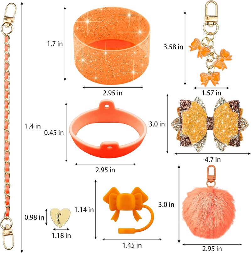 SEMATA Bling Accessories for Stanley Cup 40oz & 30oz Tumbler Including Silicone Cute Bow Straw Topper Cover, Silicone Boot for Stanley Cup,Leather Water Bottle Handle Strap, Charms(Passion Orange) - Image 3